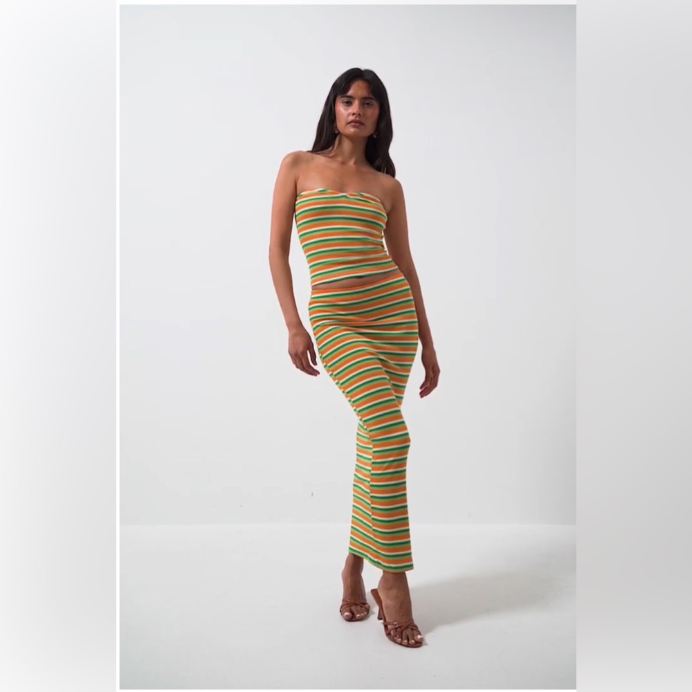 NA-KD Orange & Green Striped Pattern Maxi Pencil Bodycon Modest Stretch Skirt XL - Picture 3 of 15